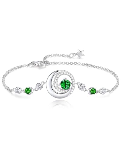 FANCIME Birthstone Bracelets 925 Sterling Silver Moon and Star Bangle Charm Bracelet Fine Jewelry Anniversary Birthday Mothers Day Gifts for Mom Her Women, Adjustable Chain 6.7"+1.2" Extend - color: link-5-emerald