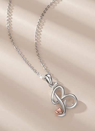 CELESTIA 925 Sterling Silver Initial Necklaces 26 Letter with Rose Gold Heart - 18 Inch Chain - color: B-Initial