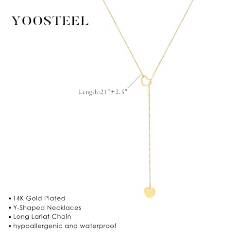 Yoosteel Long 14K-Gold-Plated Necklace for Women,Layered Lariat Necklaces | Dainty Y Drop Necklaces, Western Necklace Stack,Simple Bar Heart Circle Pendant,Prom Choker Chain Jewelry,Trendy Gifts - color: Heart Y-Shaped Necklace