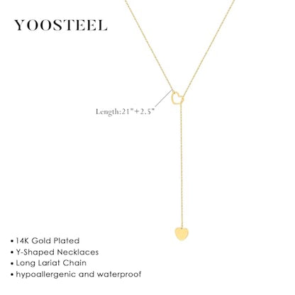Yoosteel Long 14K-Gold-Plated Necklace for Women,Layered Lariat Necklaces | Dainty Y Drop Necklaces, Western Necklace Stack,Simple Bar Heart Circle Pendant,Prom Choker Chain Jewelry,Trendy Gifts - color: Heart Y-Shaped Necklace