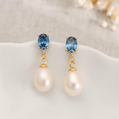 Pearl Drop Earrings Cubic Zirconia Stone Pearl Stud Earrings for Prom, Bridesmaids, Birthday Women Jewelry - color: Blue CZ Stone