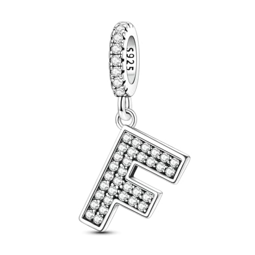 Hapour Letter 925 Sterling Silver Charm with Cubic Zirconia Alphabet A-Z Initial Dangle Charms Beads Pendent DIY Jewelry for Bracelets Necklace - color: F