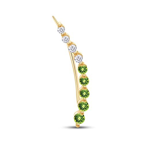 Floating Curved Bar One Piece Left Ear Crawler Earrings With Birthstone | White CZ In 14K Yellow Gold Over Sterling Silver - color: Simulated Peridot