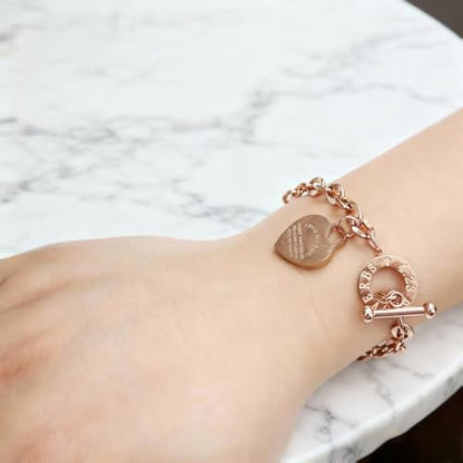 Heart Charm Bracelet Plated 18K Gold/Silver/Rose Gold Bible Scripture Heart Bracelet for Women Jewelry Gift Zircon Her Link Chain OT Clasp Stainless Steel Birthday - color: Rose Gold, size: 8.1 inch
