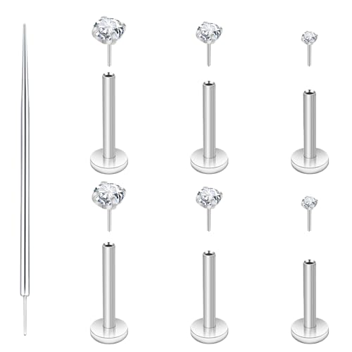 14K Gold Filled Threadless Nose Studs 316L Surgical Steel Labret Studs Lip Rings Push in Flat Back Stud Earrings CZ Nose Nostril Cartilage Lip Medusa Conch Tragus Helix Body Piercing Jewelry for Women Men Hypoallergenic 20G 18G 16G - color: 6Pcs 16G 2mm 3