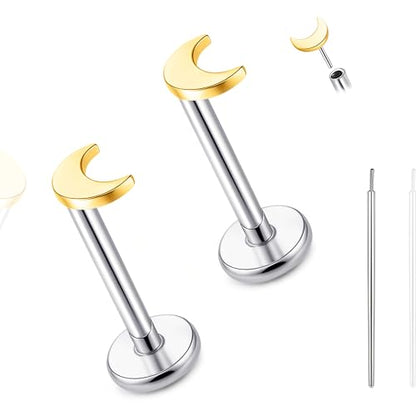 limerencia Titanium Threadless Flat Back Earrings Stud Piercing Jewelry | 20G Press Fit Titanium Push Pop in Cartilage Tragus Labret Lip Medusa Conch Piercing Jewelry Hypoallergenic for Women Men - style: Moon Gold