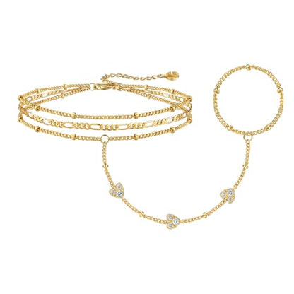 Cicy Bell Hand Chain Bracelets for Women 18K Gold Plated | Layered Stackable Dainty Ring Bracelets, Adjustable Satellite Bead Dot Link Finger Bracelets - color: Style G-Gold