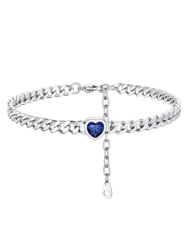 ChainsHouse Cuban Chain Anklets for Women with Heart Birthstone Jan - Dec | Stainless Steel Black Link Chain Ankle Bracelet with Birthstone, Beach Women Anklet 22cm-27cm Adjustable, with Gift Box - color: 09. Sep.-Sapphire-Steel