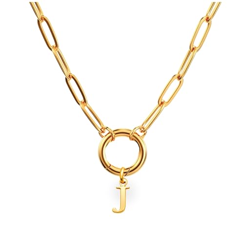 Paperclip Chain Carabiner Initial Charm Holder Necklace by Ginger Lyne | 18K Gold-Plated or Silver Tone Paperclip Chain with Carabiner Charm Holder, Adjustable 18-20 Inch, A-Z Initial Pendant - color: Gold-J
