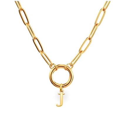 Paperclip Chain Carabiner Initial Charm Holder Necklace by Ginger Lyne | 18K Gold-Plated or Silver Tone Paperclip Chain with Carabiner Charm Holder, Adjustable 18-20 Inch, A-Z Initial Pendant - color: Gold-J