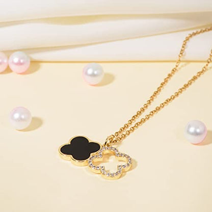 Clover Necklace For Women 18k Gold Plated Silver Lucky Four Leaf Clover Pendent Necklaces Trendy Dainty Jewelry Gifts for Women - color: Gold-Black