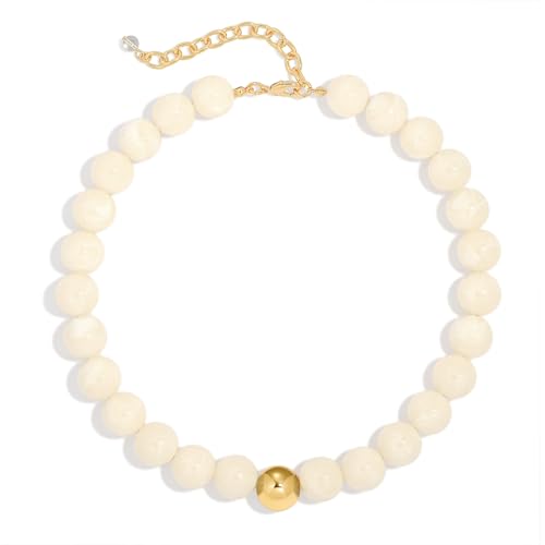 Chunky Beaded Necklace for Women Boho Statement Bead Necklace | Adjustable, Lightweight Choker, Round/Oval/Pebble Beads, Trendy Summer Beach Jewelry - color: White