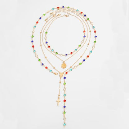 3 Piece Layered Necklace Set for Women, Colorful Beaded Lariat Y Pendant Multi Strand Chain