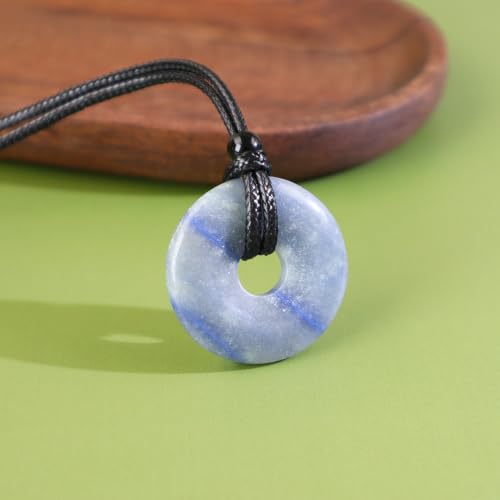 Anjiucc Natural Gemstone Pendant Necklce Lucky Coin Crystal Necklace Donut Pendnat with Adjustable Rope Healing Crystal for Men - color: Blue Aventurine