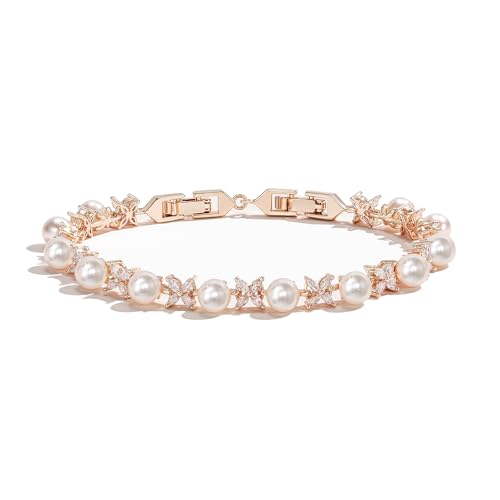 EVER FAITH Cubic Zirconia Pearl Bridal Prom Tennis Bracelet for Women | Elegant Pear CZ Wedding Jewelry Gift, for Bride Bridesmaid - style: Marquise_Rose Gold-Plated-Brass