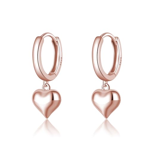 SLUYNZ Solid 925 Sterling Silver 8MM Fat Heart Hoop Earrings for Women Teens Sweet Love Hoop Earrings Huggie - color: C-Rose Gold Plated