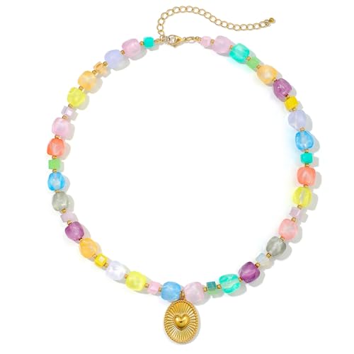 Chunky Beaded Necklaces for Women Trendy Colorful Acrylic Bead Statement Necklace Puffy Heart Pendent Necklaces for Women Boho Fashion Jewelry - color: K-colorful