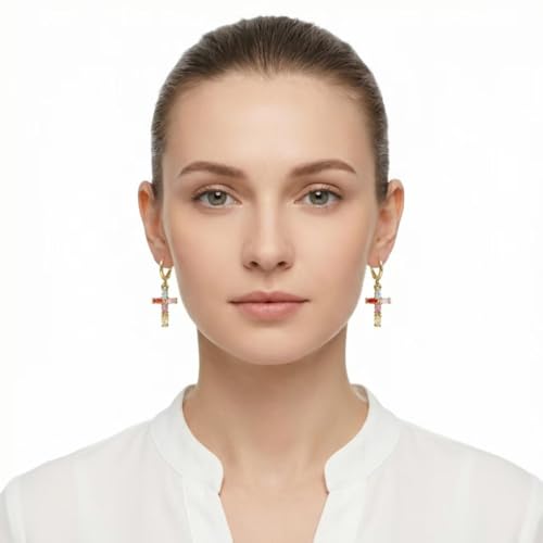 18K Gold Plated Flower Dangle Earrings for Women, Hypoallergenic Cubic Zirconia Earrings, Elegant CZ Drop Earrings, Statement Jewelry Gifts Party Fashion - style: OBS7525-Cross
