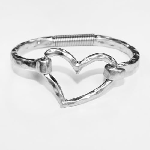 Chunky Geometric Heart Bangle Bracelet for Women, Hammered Worn Gold & Silver Tone, Unique Style Spring Tension Hook Cuff Fashion Jewelry Gift (Heart_WornSilver)