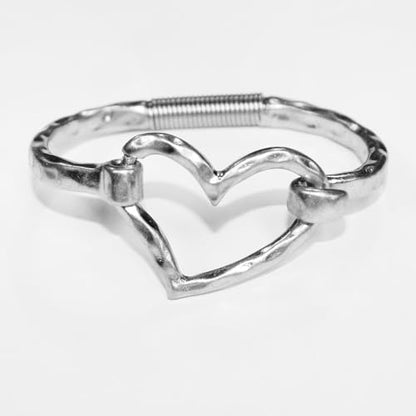 Chunky Geometric Heart Bangle Bracelet for Women, Hammered Worn Gold & Silver Tone, Unique Style Spring Tension Hook Cuff Fashion Jewelry Gift (Heart_WornSilver)