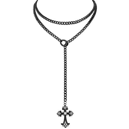 Double Layered Slip Chain Necklace with Vintage Rhinestones Cross Pendant, Adjustable Punk Gothic Baroque Lariat Cuban Y-Necklaces - color: Black Chains & Sliver Stones