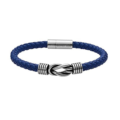 Geoffrey Beene Men's Braided Genuine Leather Knot Bracelet with Stainless Steel Closure - color: Blue