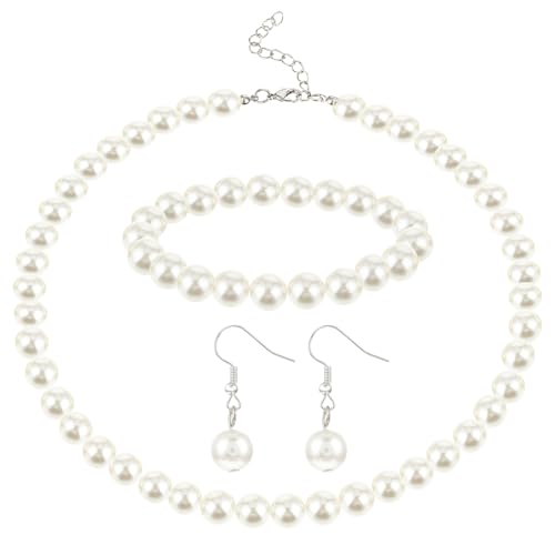 3 Pcs 8mm Pearl Necklace Bracelet Earrings Set Faux Pearl Jewelry Set for Women Simulated Pearl Necklaces Set Round White Pearl Costume Jewelry Accessories for Women Girls Brides Wedding Gift - color: Pearl Color