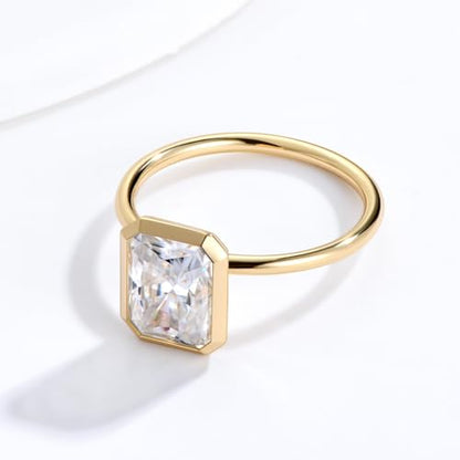 Radiant Cut Moissanite Engagement Ring for Women, Bezel Set Solitaire Ring | D Color VVS1 925 Sterling Silver 14K Gold Plated Wedding Ring, Available in 2CT 3CT 5CT, Diamond Alternative Promise Jewelry - style: 01 - Yellow Gold - 3CT Radiant Moissanite