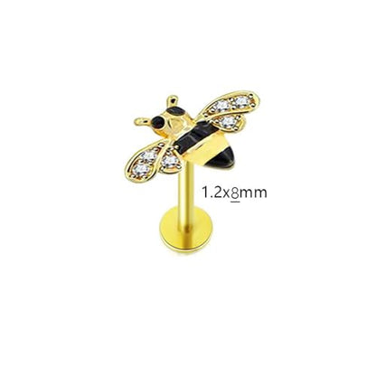 Cute Honeybee Cartilage Labret Monroe Stud Earrings 316L Surgical Stainless Steel Crystal Cubic Zirconia Bee Tragus Conch Helix Studs Lip Nose Rings Fashion Body Piercing Bar 6mm 8mm Length Jewelry Gifts for Women Girls 16G - color: 8mm
