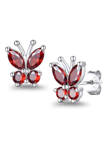 Suplight Butterfly Stud Earrings 925 Sterling Silver 14K Gold Brithstone Earrings for Women Brithstone Jewelry Gifts - color: 01.January ( Garnet), size: Silver