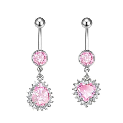 14G Heart and Waterdrop Dangle Belly Button Rings | Stainless Steel, Pink CZ, Dangle Charm Belly Rings, Navel Piercing Barbell, Body Piercing Jewelry - color: Silver