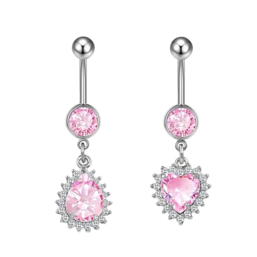 14G Heart and Waterdrop Dangle Belly Button Rings | Stainless Steel, Pink CZ, Dangle Charm Belly Rings, Navel Piercing Barbell, Body Piercing Jewelry - color: Silver