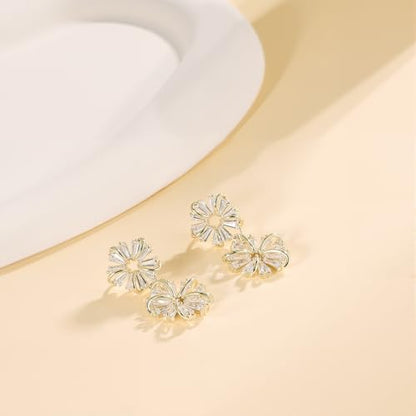 Gemsme Bridal Wedding Earrings for Brides Bridesmaides, 925 Sterling Silver Posts hypoallergenic Cubic Zirconia stud,Drop & Dangle Earrings for Women Jewelry Gifts - color: Gold - Flower Drop Earrings