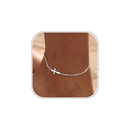 Ankle Bracelets for Women 14K Gold/Silver Plated Cross Heart Bead Anklet Waterproof Adjustable Chain Non Tarnish Cute Boho Trendy Dainty Summer Beach Foot Jewelry Gift for Her - style: Cross-SL