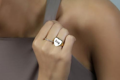 14k Gold Initials Signet Ring - Couples Engraved Heart Shaped Unisex Name Ring