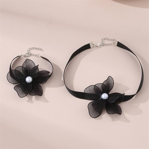 Nojess Black Bow Earrings Necklace Set Fabric Rose Flower Choker Necklace Bracelet Set for Party Bride Wedding Prom Jewelry - color: Black Flower Necklace Bracelet Set