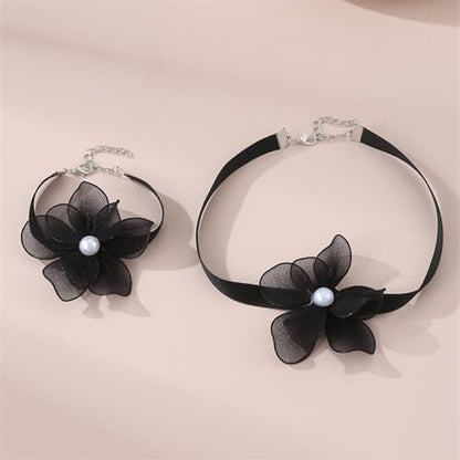 Nojess Black Bow Earrings Necklace Set Fabric Rose Flower Choker Necklace Bracelet Set for Party Bride Wedding Prom Jewelry - color: Black Flower Necklace Bracelet Set