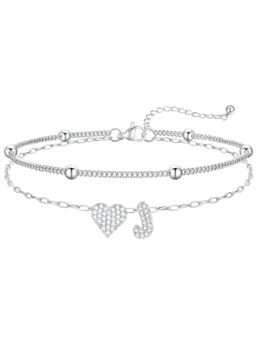 FaithHeart Initial Ankle Bracelets for Women Waterproof, Silver/Black/14k Gold Plated CZ Heart Initial Anklets Non Tarnish Stainless Steel Anklets for Women - color: Silver, size: J