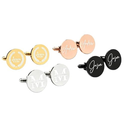 Personalized Engraved Round Stainless Steel Cufflinks for Men, Custom Initials Names Dates Cuff Links, Wedding Gifts for Groom, Groomsmen, Bride & Groom Fathers, Unique Present for Husband Boyfriend Birthday Anniversary