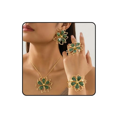 Gold Flower Jewelry Set For Women, 5 Pcs Chunky Golden Floral Pendant Necklace Bracelet Earrings Ring Set Statement Flower Jewelry Gifts For Beach Wedding - color: 5pcs-Green