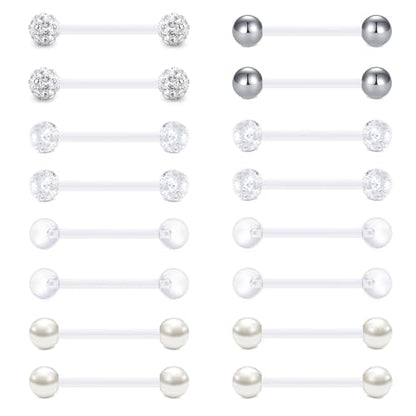 FECTAS Plastic Nipple Rings Tongue Piercing Retainer Barbell 14g for Women Surgery 12/14/16/18mm - style: B-16pcs-16MM