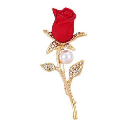 Rose Flower Brooch Pin for Women Fashion Dainty Gold Plated 3D Red Roses Floral Crystal Brooch Pin Birthday Dress Suit Accessories Jewelry - style: Rose Pearl 1