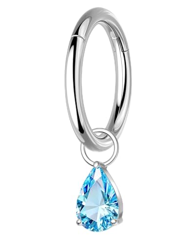 COCHARM Titanium Clicker Hoop Belly Button Ring, 8mm 14G Teardrop Belly Navel Ring, Dangling Hoop Belly Piercing Jewelry Nickel Free - color: Silver-Blue CZ