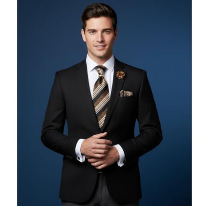 5PCS Mens Silk Tie, Pocket Square, Cufflinks, Drilled Tie Ring and Lapel Pin Set for Wedding Groom Party - color: Brown Striped Tie Set -102
