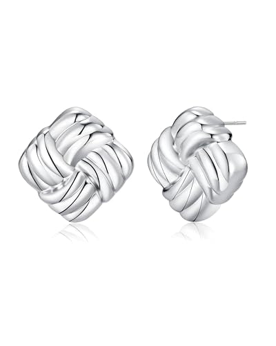 SNGIA 18K Gold Plated Chunky Statement Stud Earrings for Women by SNGIA, Geometric Square Triangle Irregular Knot Dome Earrings, Ribbed Ribbon Textured Gold Silver Fashion Jewelry Gift - style: Silver Plated, Square