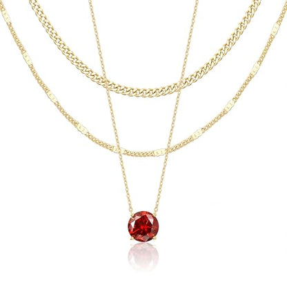 WomenGifts Layered Gold Necklaces for Women, 14K Gold Sterling Silver Plated Dainty Pendant Necklace Set Non Tarnish, Chunky Stackable Cuban Chain Choker, Trendy Birthstone Vacation Jewelry Gift - color: Gold, style: Cubic Zirconia-Created Garnet-Jan