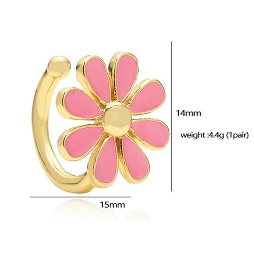 Cute Daisy Flower Ear Cuff Earring Cartilage Clip On Non Piercing Lovely Sweet 14K Gold Plated White/Pink Enamel Floral Fake Huggie Hoops Earrings for Women Hypoallergenic Fashion Trendy Jewelry Gifts 14*15mm - color: Pink
