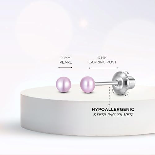Pearl Screw Back Stud Earrings, 925 Sterling Silver Hypoallergenic - color: Purple, size: 3mm-Small
