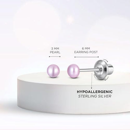 Pearl Screw Back Stud Earrings, 925 Sterling Silver Hypoallergenic - color: Purple, size: 3mm-Small