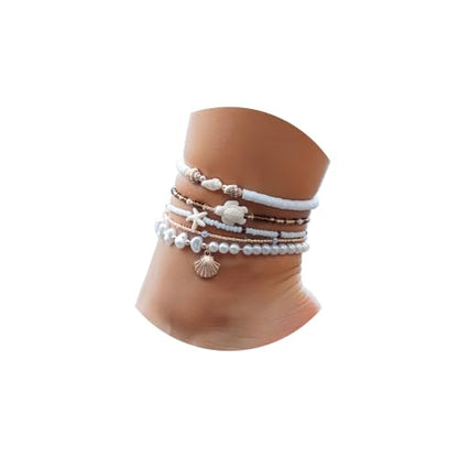 Beaded Anklet Bracelets For Women Waterproof Gold Anklets Jewelry Set Stack | non tarnish free pearl puka seashell beach boho stretchy anklet for summer dainty and tewiky gold plated - color: Pearl Shell